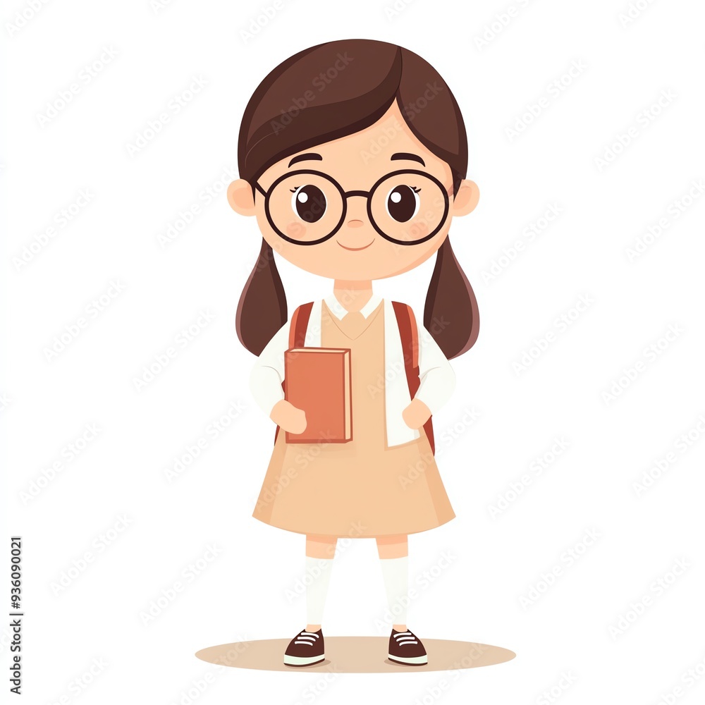 Cute schoolgirl character with glasses, holding a book and wearing a backpack, perfect for educational or children's content. Cute schoolgirl character with glasses, holding a book and wearing a backpack, perfect for educational or children's content.