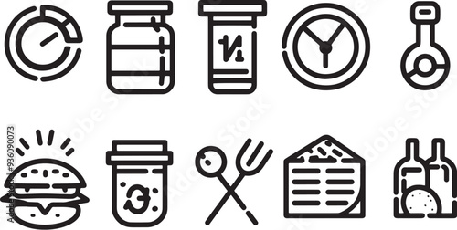 A clean vector icon set including a daily calorie intake, food allergies, sugar intake, and nutritional goals