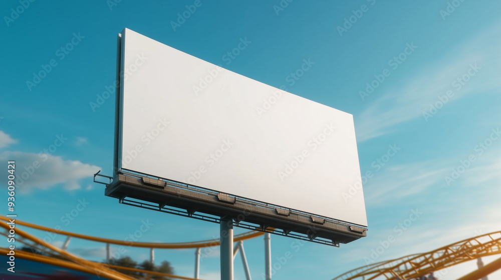 Blank white billboard mockup in front of amusement park with roller coasters and colorful rides Blank white billboard mockup in front of amusement park with roller coasters and colorful rides
