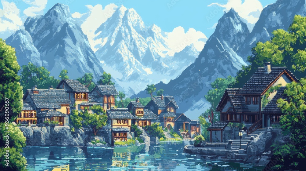 Fototapeta premium A serene pixel art village surrounded by majestic mountains, with vibrant colors and detailed landscapes, creating a picturesque scene.
