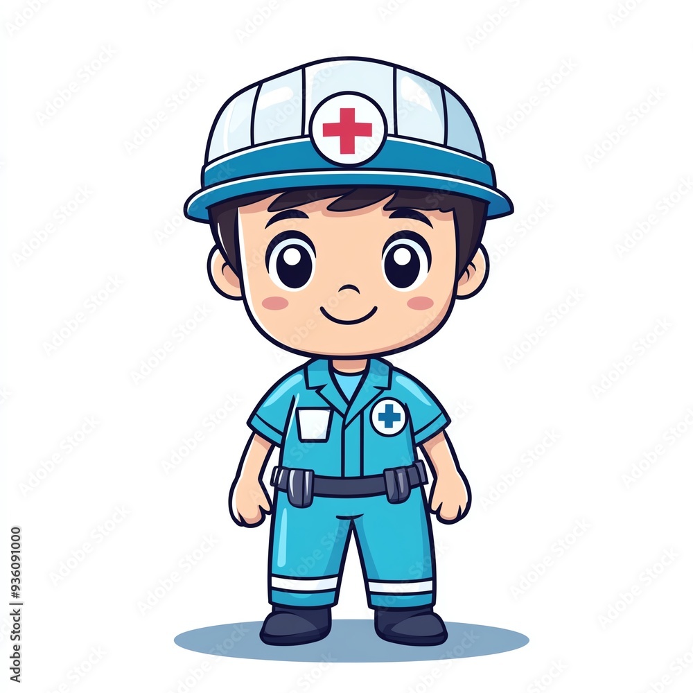 Cheerful cartoon paramedic in blue uniform and cap, ready to assist in emergencies with a friendly smile. Cheerful cartoon paramedic in blue uniform and cap, ready to assist in emergencies with a friendly smile.