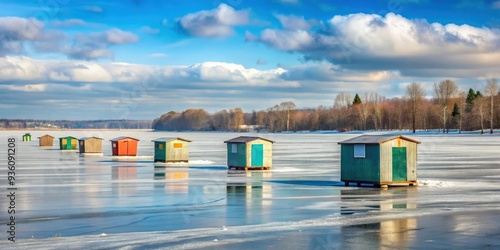 Ice fishing sheds on a frozen lake in winter photo