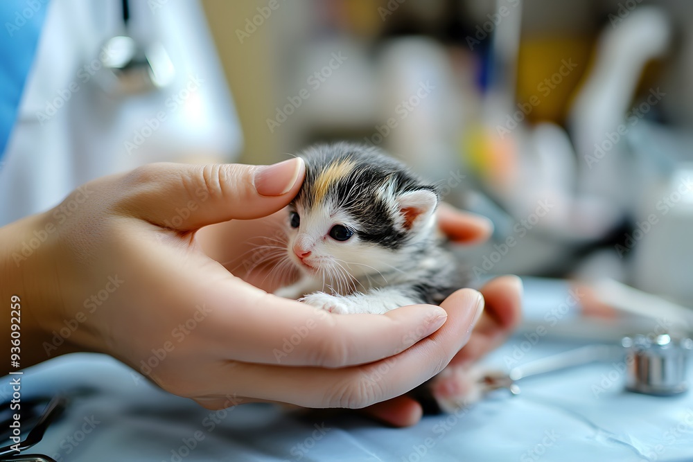 a veterinarian’s hands gently examining a small animal, with medical tools in the background a veterinarian’s hands gently examining a small animal, with medical tools in the background