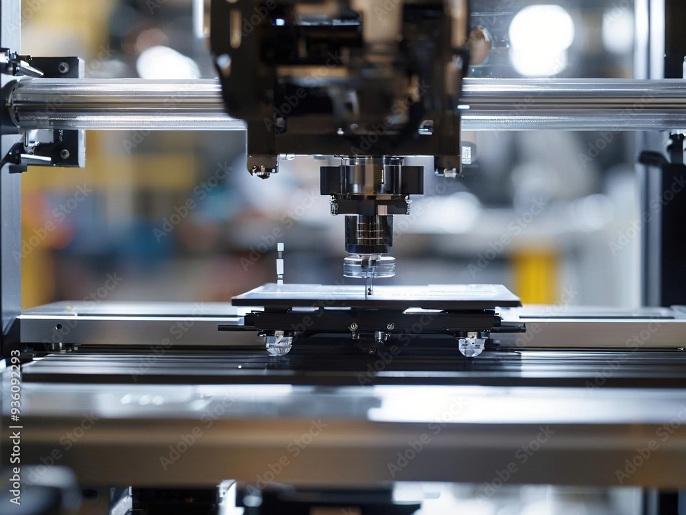 Close-up of a CNC machine working on a metal piece in a factory. Close-up of a CNC machine working on a metal piece in a factory.