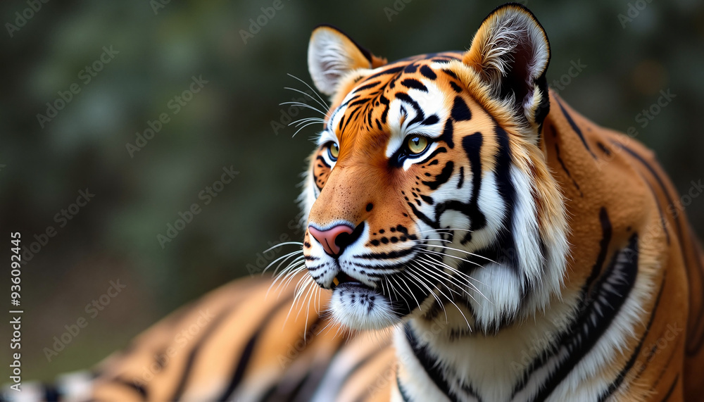 Fototapeta premium Majestic Tiger with Intense Gaze Looking Alert against Blurred Nature Background