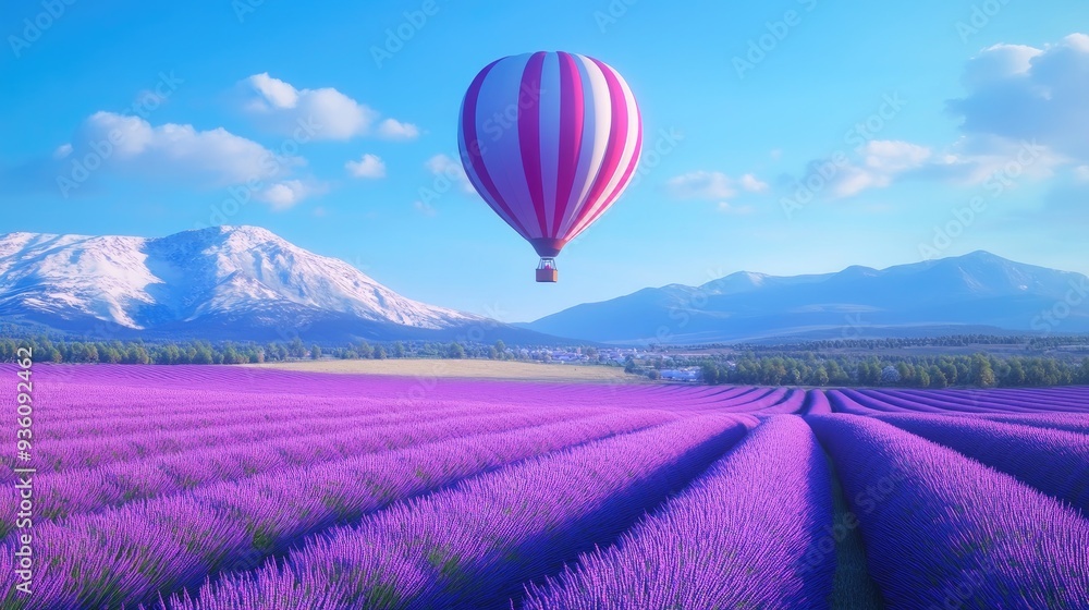 Fototapeta premium A vibrant hot air balloon floating over the picturesque lavender fields of Provence, set against a clear blue sky in a stunning anime-style landscape.