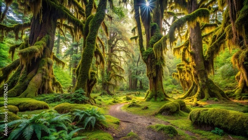 Enchanting fairy forest with old temperate trees and mosses in Hoh Rain Forest, Olympic National Park, Washington State, USA photo