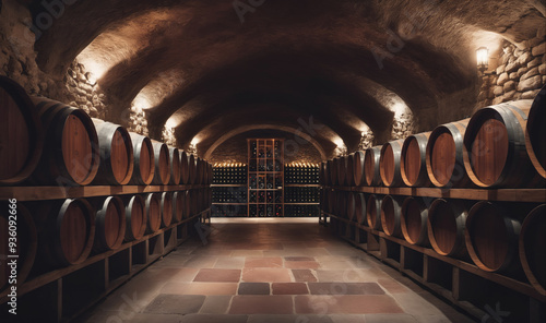 A long row of wine barrels sits in a stone wine cellar