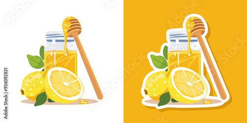 Honey in a clear jar and honey dripper with lemon sliced on white background vector illustration in flat style. Jar of sweet honey and lemon	
