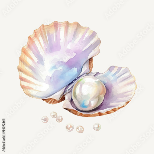 Vector clipart of the seashell with pearl inside, stylized as watercolor. Open shell with pearl ball inside, isolated on white background