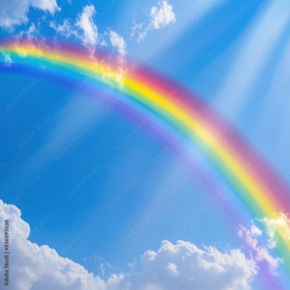 Radiant Rainbow Stretching Across Blue Sky with Fluffy White Clouds and Sunlight Radiant Rainbow Stretching Across Blue Sky with Fluffy White Clouds and Sunlight
