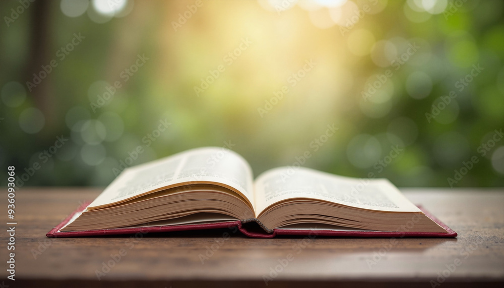 Open book with serene pages against blurred nature background Open book with serene pages against blurred nature background