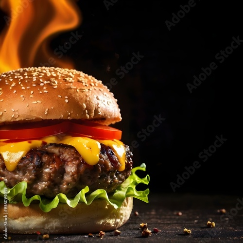 Delicious burger with fire flames on black texture background