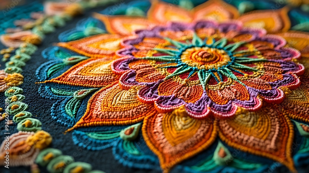 Close-up of a colorful mandala pattern made with beads, highlighting the precision and beauty of this decorative art. Close-up of a colorful mandala pattern made with beads, highlighting the precision and beauty of this decorative art.