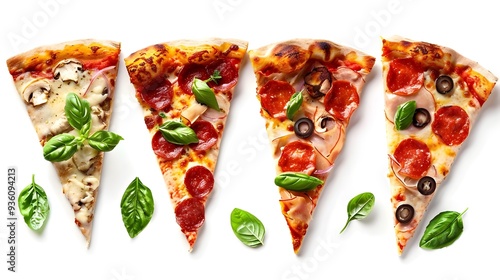 Delicious pizza slices, cut into a set photo