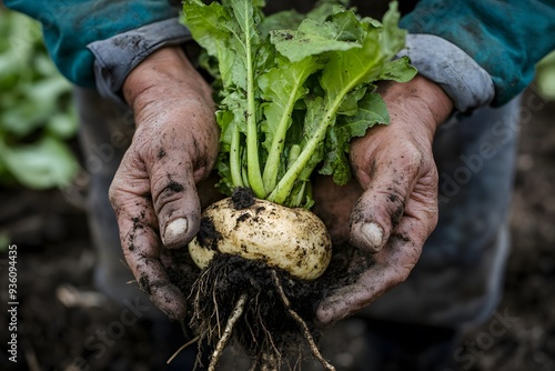 a farmer's hands harvesting ripe vegetables in a field, illustrating hard work and connection to the land