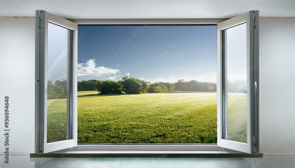 Fototapeta premium Glass window frame house interior on white wall 