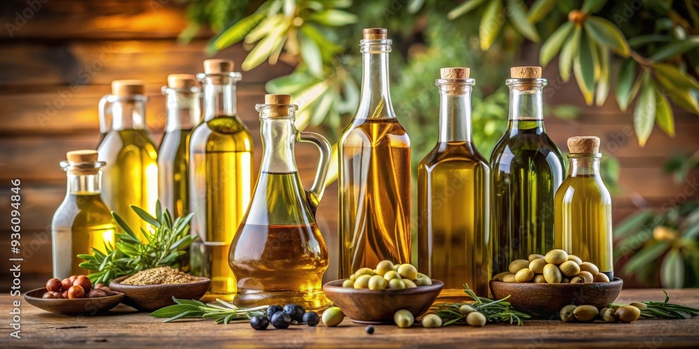 A variety of bottles filled with aromatic and healthy olive oil A variety of bottles filled with aromatic and healthy olive oil