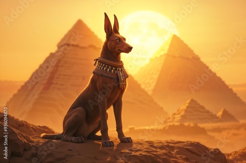 Golden Egyptian dog statue with majestic expression, beautifully backlit by sunset over pyramids photo