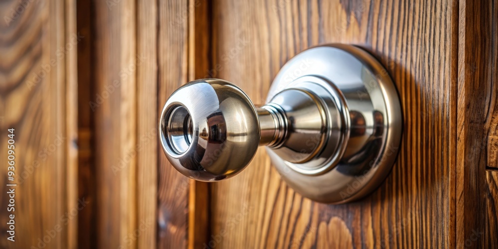 Close-up photo of a shiny metal doorknob on a wooden door Close-up photo of a shiny metal doorknob on a wooden door