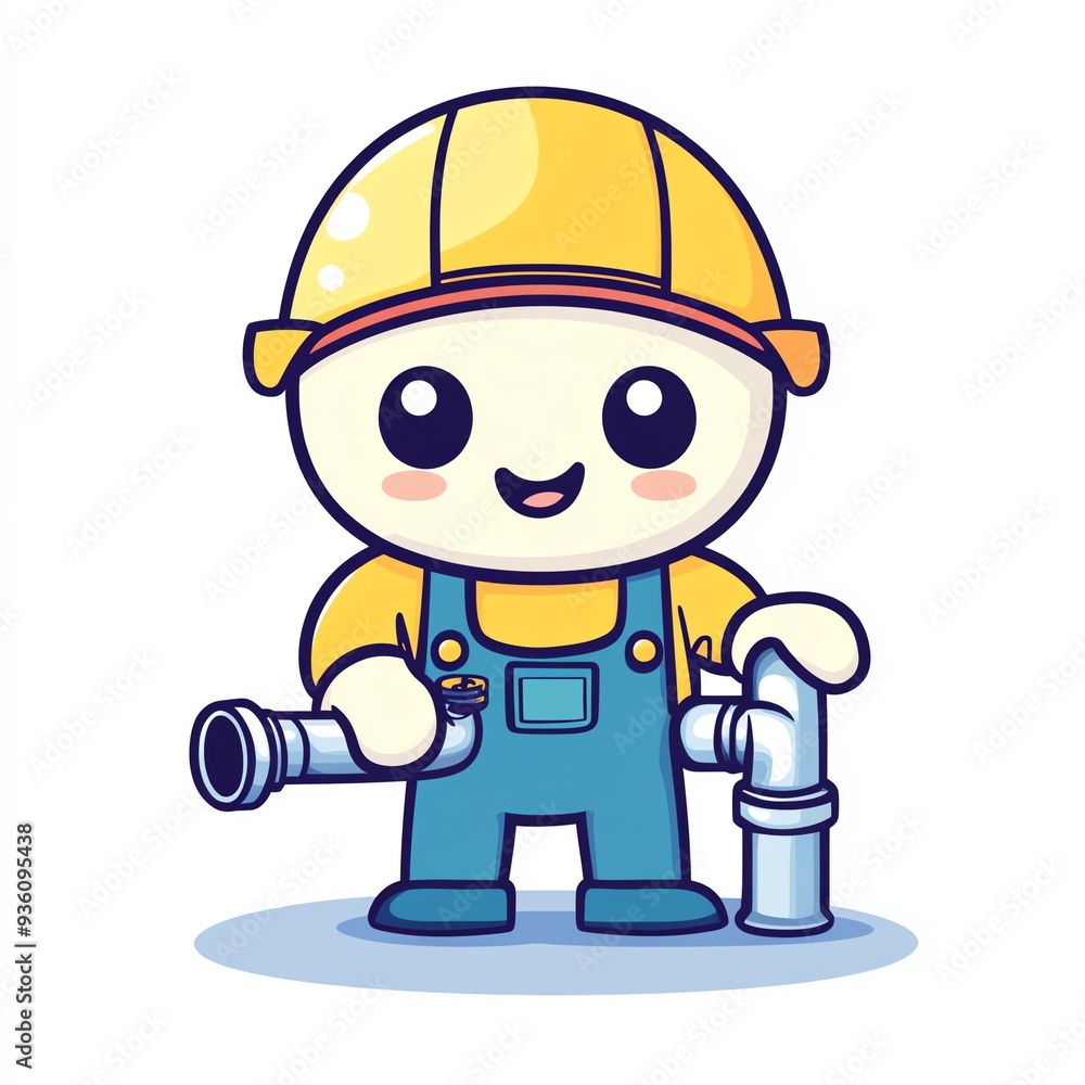 A cute cartoon plumber character wearing a hard hat, holding pipes and smiling, perfect for playful construction themes. A cute cartoon plumber character wearing a hard hat, holding pipes and smiling, perfect for playful construction themes.