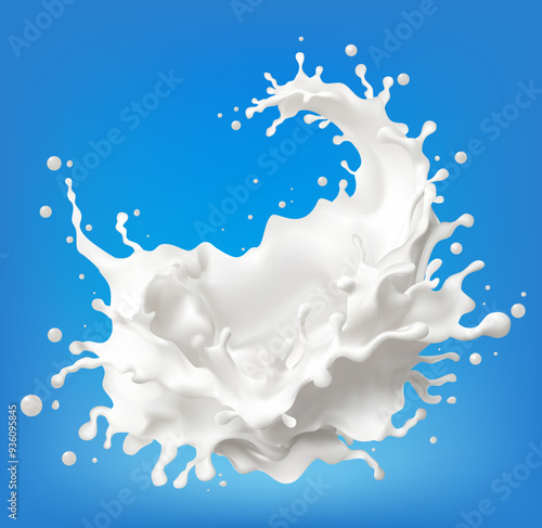 Milk splash isolated milk dairy cow, bovine, cattle, Production agriculture farming on background. Realistic vector illustration, Mesh gradient wes