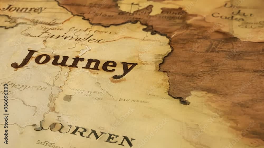Camera panning over beautiful, detailed antique map. Focus on the word journey, suggesting adventure, discovery and travel Camera panning over beautiful, detailed antique map. Focus on the word journey, suggesting adventure, discovery and travel