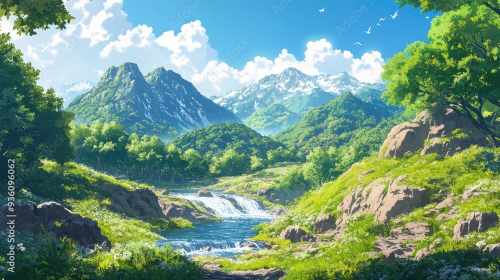 Beautiful anime-style panorama of mountains and a flowing river, with lush greenery and a clear blue sky, evoking a sense of tranquility and wonder. Beautiful anime-style panorama of mountains and a flowing river, with lush greenery and a clear blue sky, evoking a sense of tranquility and wonder.
