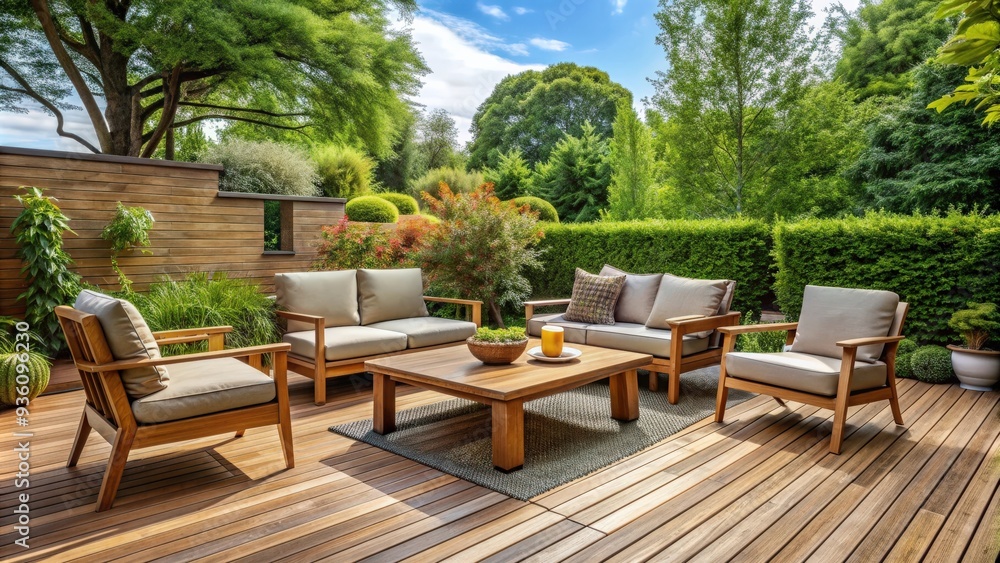 Garden furniture on wooden patio, perfect for outdoor relaxation and entertaining Garden furniture on wooden patio, perfect for outdoor relaxation and entertaining