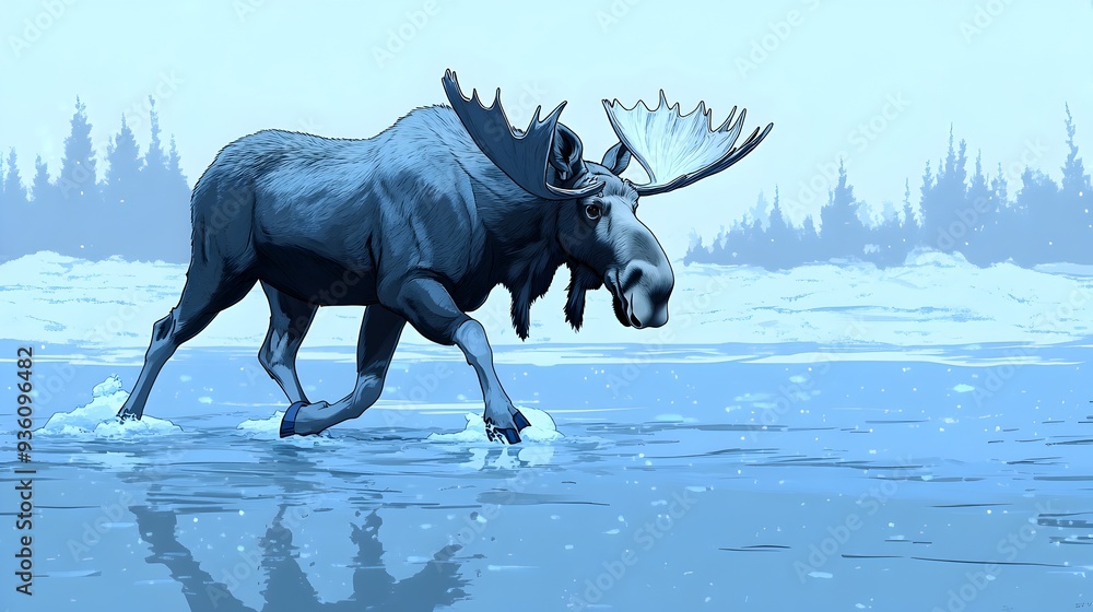 Obraz premium Majestic Moose Crossing Frozen River in Minimalist Anime-Inspired Landscape