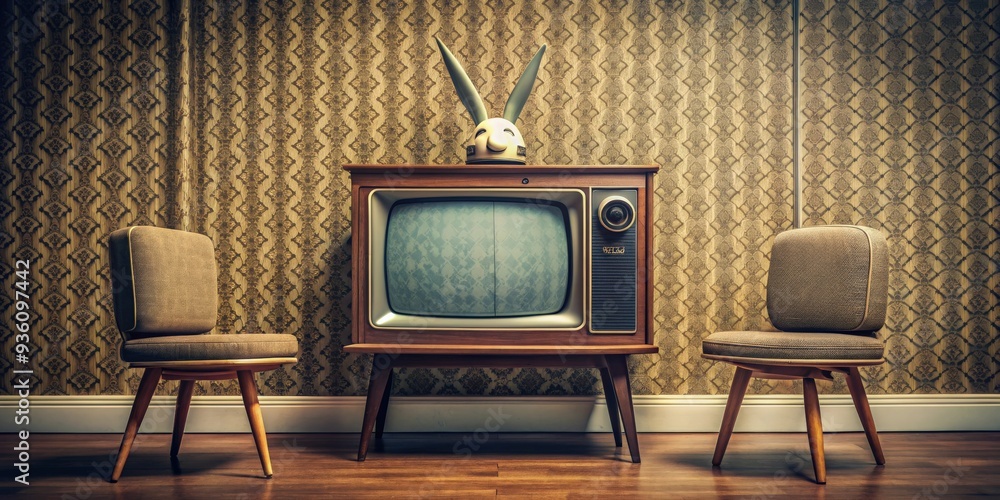 Vintage television set with rabbit ear antennas on a retro room with ...
