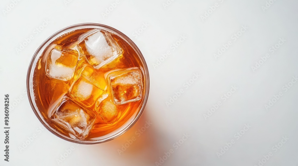 A glass cup of iced tea with visible ice cubes, placed on a simple, crisp white background, refreshing and cool. A glass cup of iced tea with visible ice cubes, placed on a simple, crisp white background, refreshing and cool.