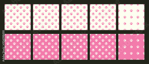 Cat pink paw seamless patterns set. Collection of pink cat paw patterns