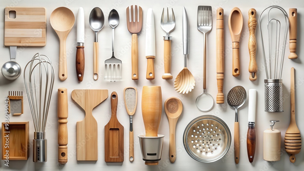 Various kitchen utensils neatly arranged on a white background Various kitchen utensils neatly arranged on a white background