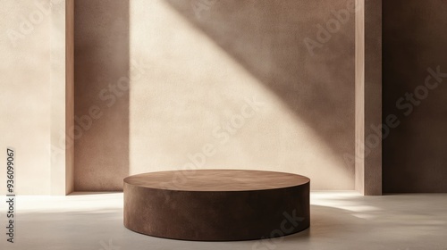 A round brown podium platform designed for product displays, standing out against a neutral background.