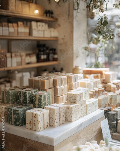 Handmade soap shop with beautifully wrapped products on display, bathed in soft natural light with the background gently blurred