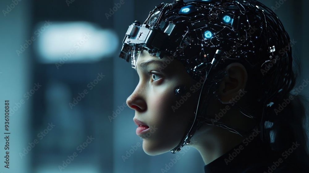 The Future of Thought: A girl stares pensively at a futuristic device connected to her brain, a solitary figure in a sterile, blue-lit room, raising questions about the nature of consciousness and the The Future of Thought: A girl stares pensively at a futuristic device connected to her brain, a solitary figure in a sterile, blue-lit room, raising questions about the nature of consciousness and the