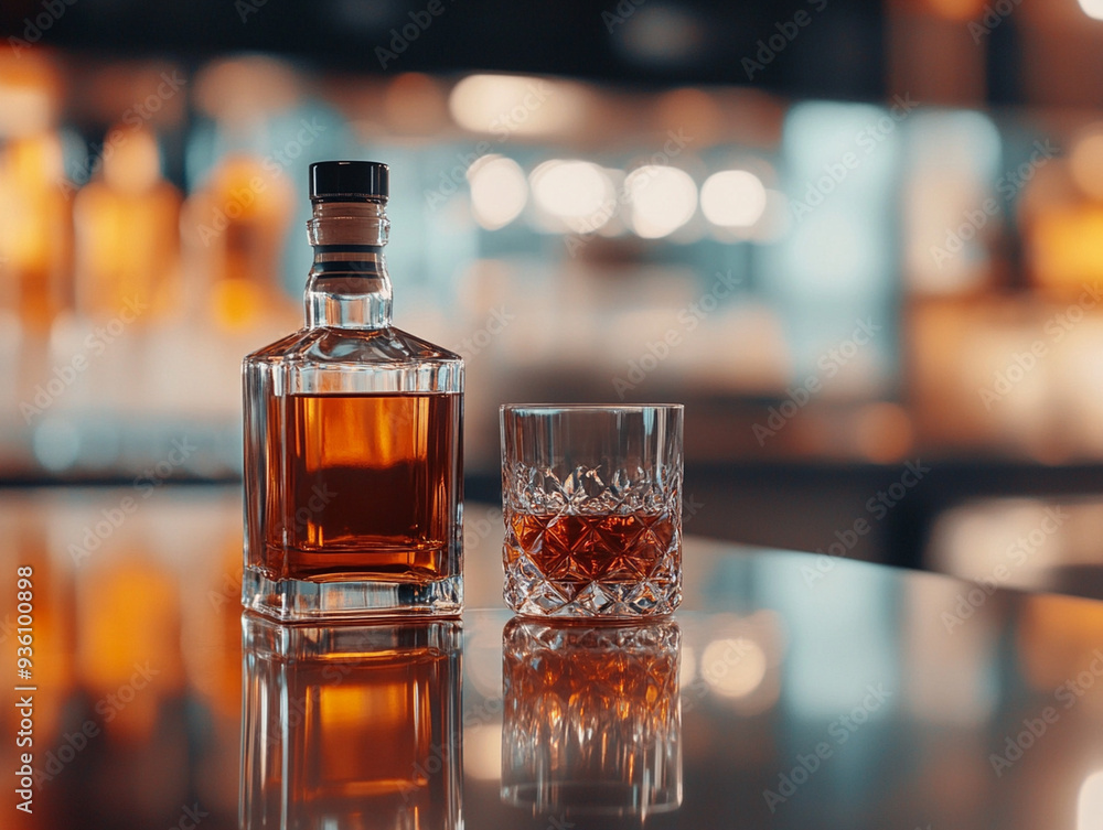 Cognac in a glass goblet with a bottle on a wooden bar counter. Cognac in a glass goblet with a bottle on a wooden bar counter.