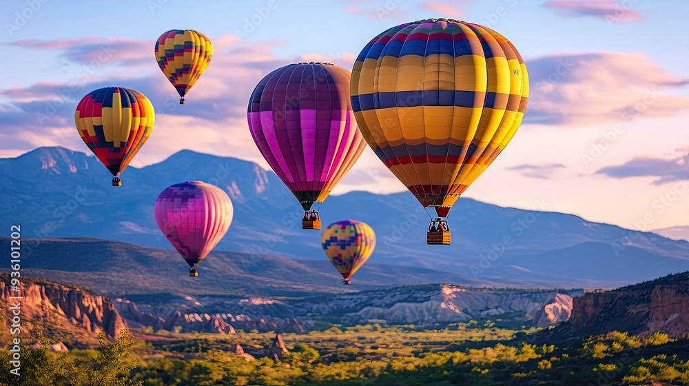 Obraz premium Colorful hot air balloons fill the sky, floating above a scenic mountain backdrop with a slightly blurred effect.