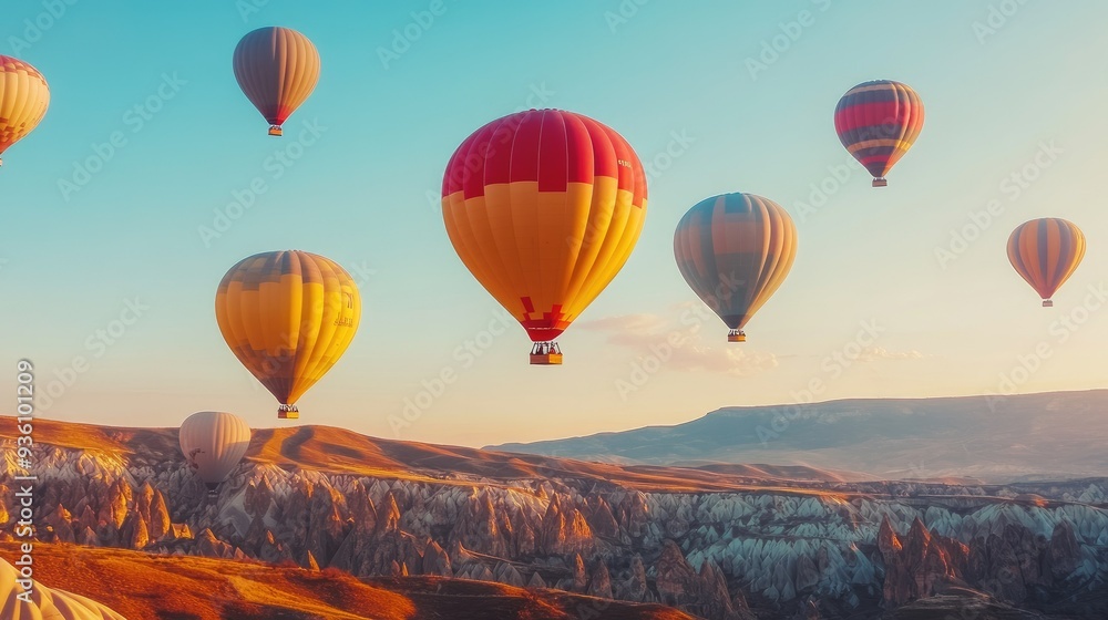 Obraz premium Colorful hot air balloons fill the sky, floating above a scenic mountain backdrop with a slightly blurred effect.