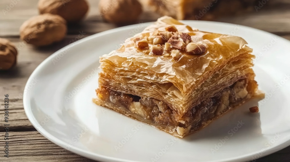 Crispy, golden baklava on a white plate, with sunlight enhancing the rich layers and nutty topping. Crispy, golden baklava on a white plate, with sunlight enhancing the rich layers and nutty topping.