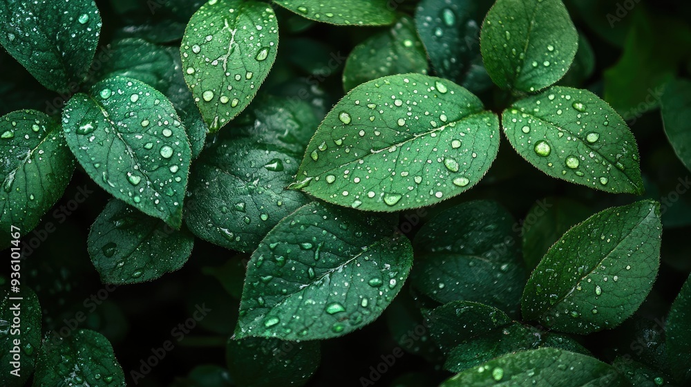 Fototapeta premium Detailed close-up of green leaves with water droplets, emphasizing the purity and freshness of the natural world.