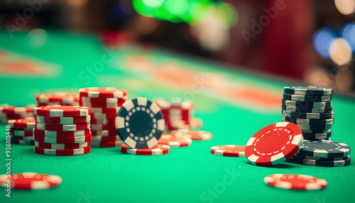 Casino gambling chips on green table with bokeh background isolated with white highlights, png photo