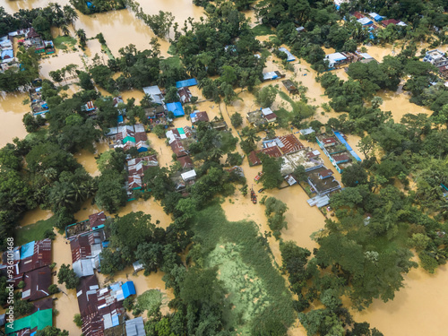 August 23, 2024, Feni, Chittagong, Bangladesh: Aerial view of Flooded Dhaka-Chittagong Highway and villages in Muhuriganj area of ​​Feni district of Chittagong division of Bangladesh.  photo