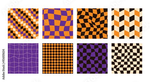 Halloween distorted checkered seamless patterns set. Psychedelic retro backgrounds 60s 70s style.