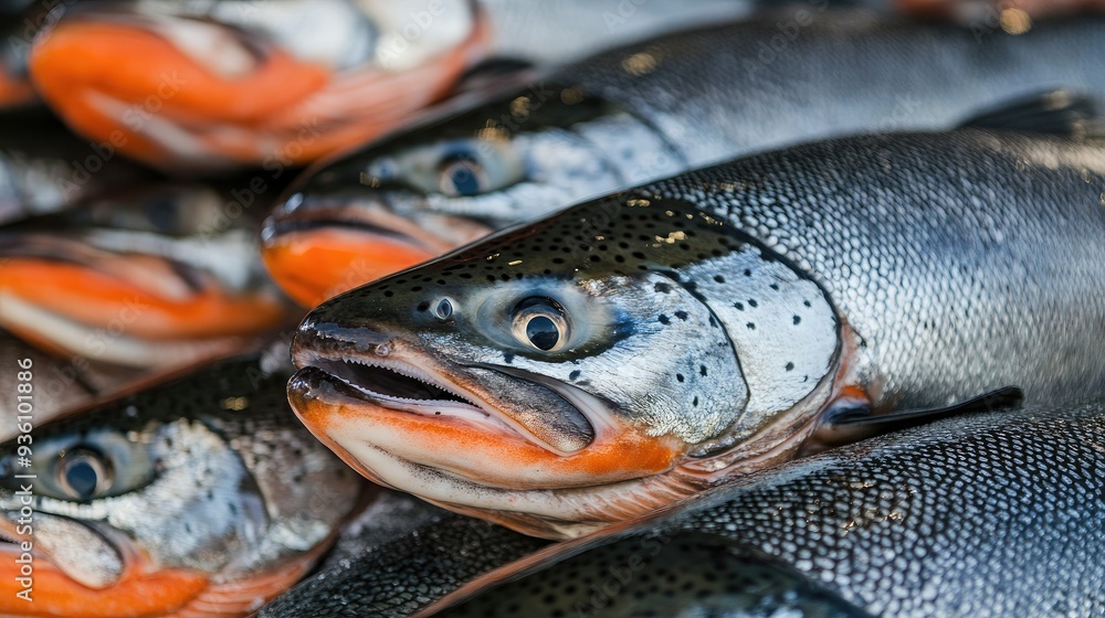 Freshly caught salmon laid out at a beachside market, capturing the essence of coastal tradition and fresh seafood. Freshly caught salmon laid out at a beachside market, capturing the essence of coastal tradition and fresh seafood.