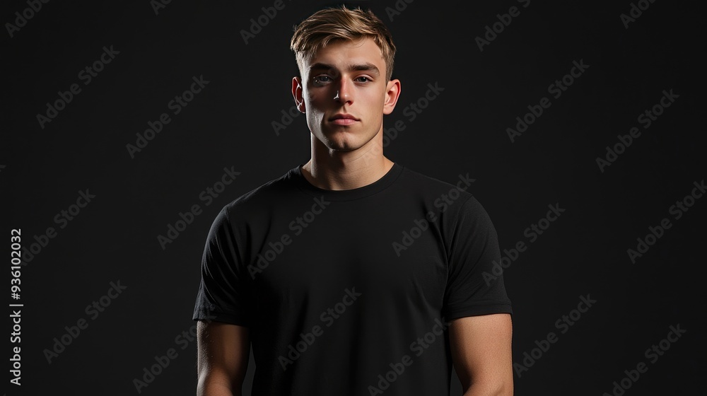 Naklejka premium Black T-shirt mockup on a young man, perfectly fitted and ready for showcasing custom designs or logos with clear copy space.