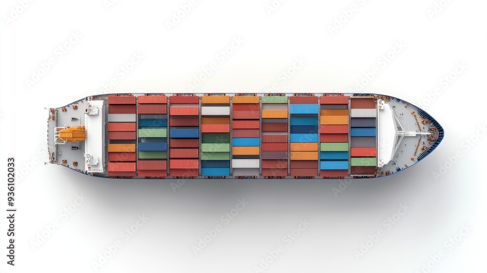 Obraz premium Container ship top-down view, maritime logistics, detailed and accurate, isolated on white background