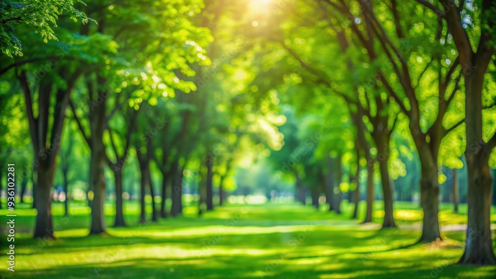 Fototapeta premium Blurred background of green trees in a sunny summer park day