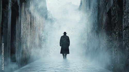 A mysterious figure walks through a foggy alley, evoking a sense of intrigue and suspense in a dimly lit urban environment.